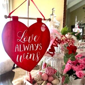 New! ❤️”Love Always Wins” Embroidery Valentine Red Heart Banner & Tassel